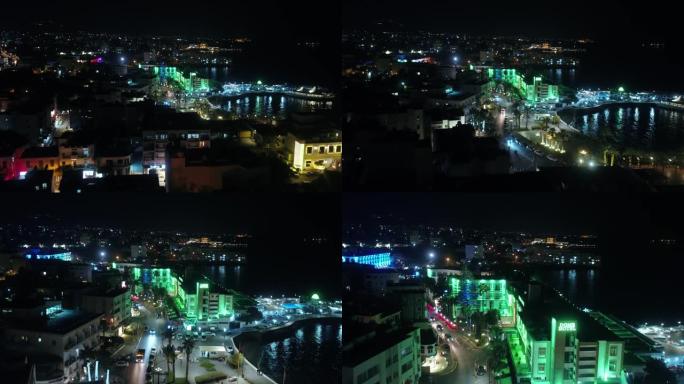 北塞浦路斯凯里尼亚城堡和港口之夜4k无人机视频