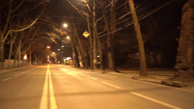 辛菲罗波尔空荡荡的城市街道，在秋天的夜晚有路灯。