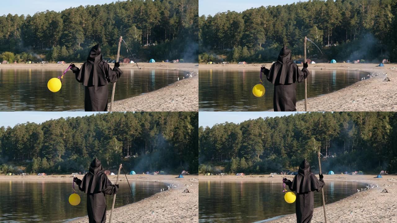 死神带着气球在湖边散步