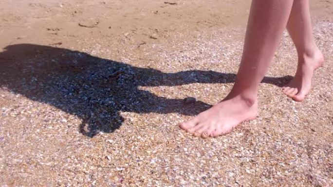 赤脚女人在沙滩上的贝壳上行走，使大自然的脚按摩。