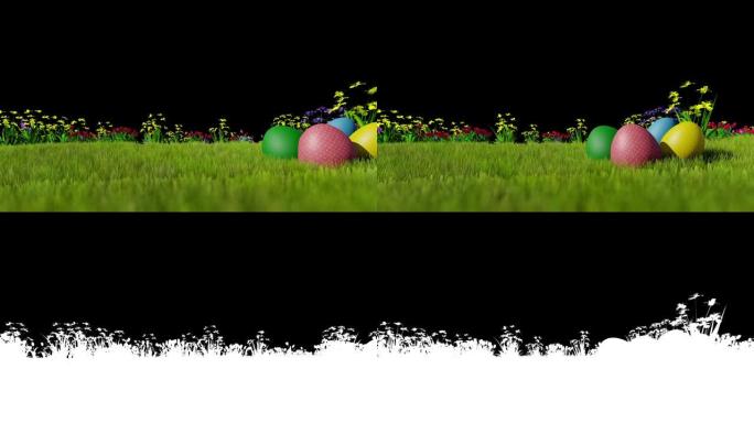 蓝天上的绿色草地上的复活节彩蛋，平移，附着了Luma Mate