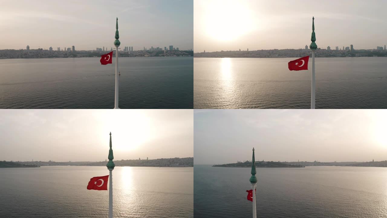 少女塔和土耳其国旗的鸟瞰图。土耳其的4k镜头