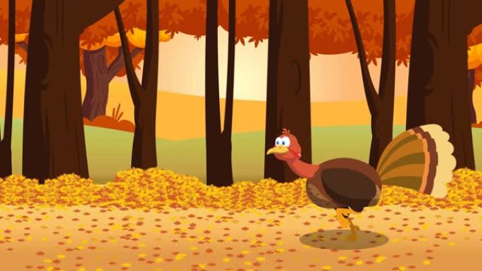 在森林中奔跑的感恩节火鸡鸟卡通人物