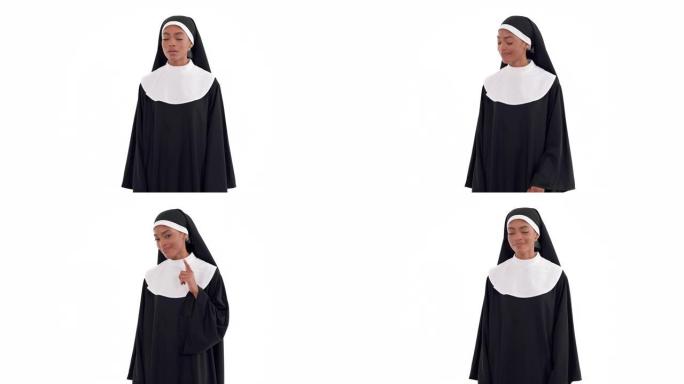 黑人修女的肖像赞许地点头，抬起食指表示同意。孤立在白色背景上