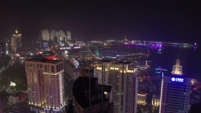 夜间青岛市著名海湾滨海航空全景4k中国