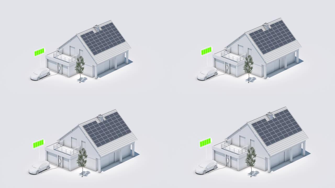 电动汽车与电池符号充电电池在未来的家庭3d动画
