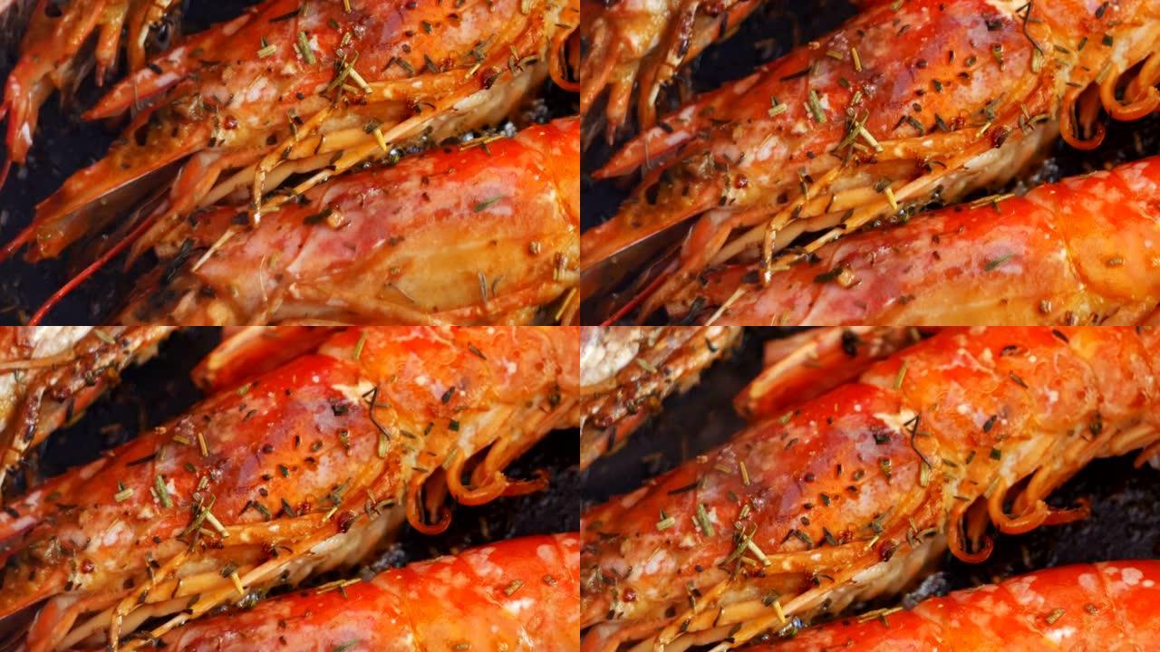 特写大红虾在锅里用热油油炸