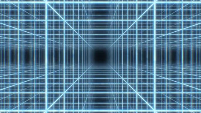 复古80年代霓虹灯线框网格立方体阵列合成波3D隧道-4k无缝循环运动背景动画