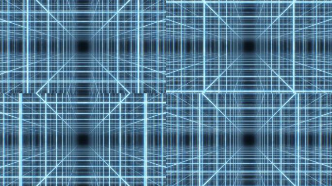 复古80年代霓虹灯线框网格立方体阵列合成波3D隧道-4k无缝循环运动背景动画