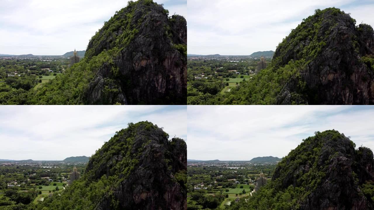 山崖上大佛像的鸟瞰图。正在建造的雕像。