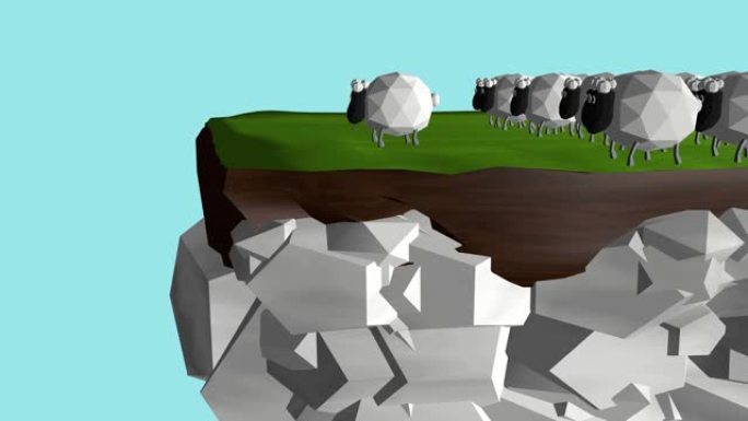 一群绵羊接近悬崖边缘，一只去检查并跳下来，另一只则不跟随并回头。