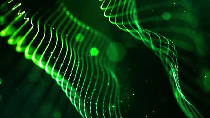 4k循环科幻绿色背景，带有散景和灯光效果。辉光绿色粒子形成线条，表面，弦结构作为虚拟空间或HUD屏幕