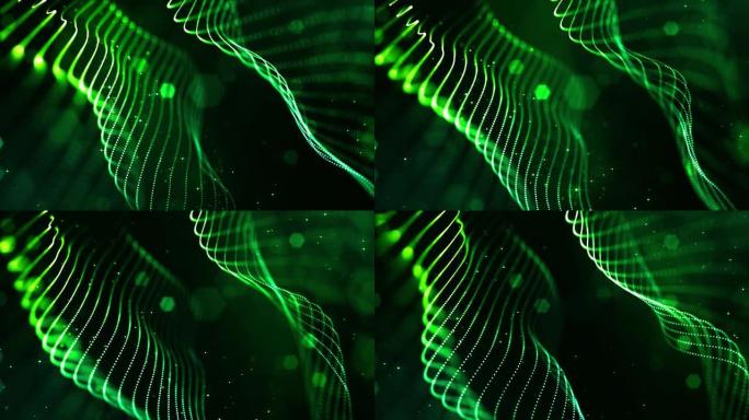 4k循环科幻绿色背景，带有散景和灯光效果。辉光绿色粒子形成线条，表面，弦结构作为虚拟空间或HUD屏幕