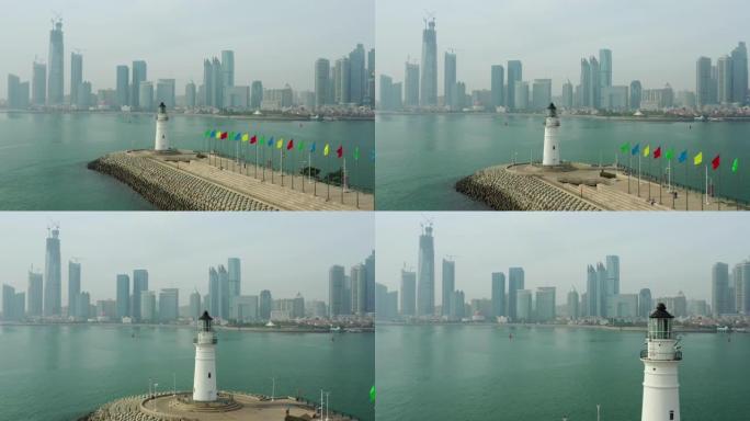 青岛城市湾建设著名的光屋码头空中全景4k中国