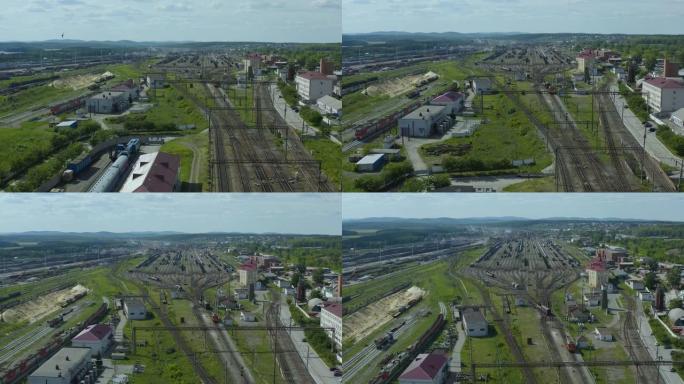 鸟瞰图铁轨与火车的巨大交汇处。叶卡捷琳堡乌拉尔地区的分拣站。