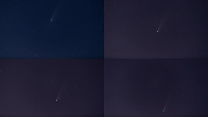 NEOWISE彗星或C/2020 F3 (NEOWISE) 在夜空中云的时间流逝。