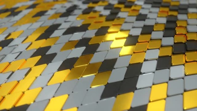 几何形状的抽象波面。材料是塑料玻璃和黄金。无缝循环3d渲染