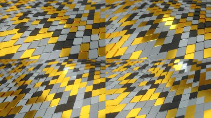 几何形状的抽象波面。材料是塑料玻璃和黄金。无缝循环3d渲染