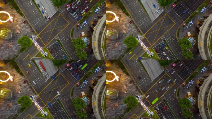 日落照明新加坡市中心交通街十字路口空中延时全景4k