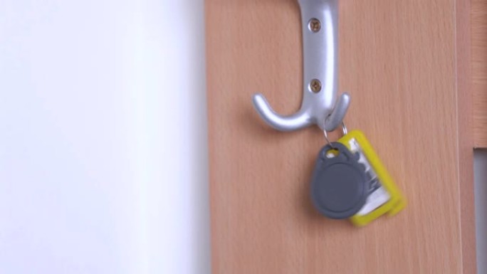 人将带有标签和铭文的磁性钥匙从酒店房间或盒子中挂在墙上的挂钩上，然后关闭。存放钥匙和各种小物品的地方