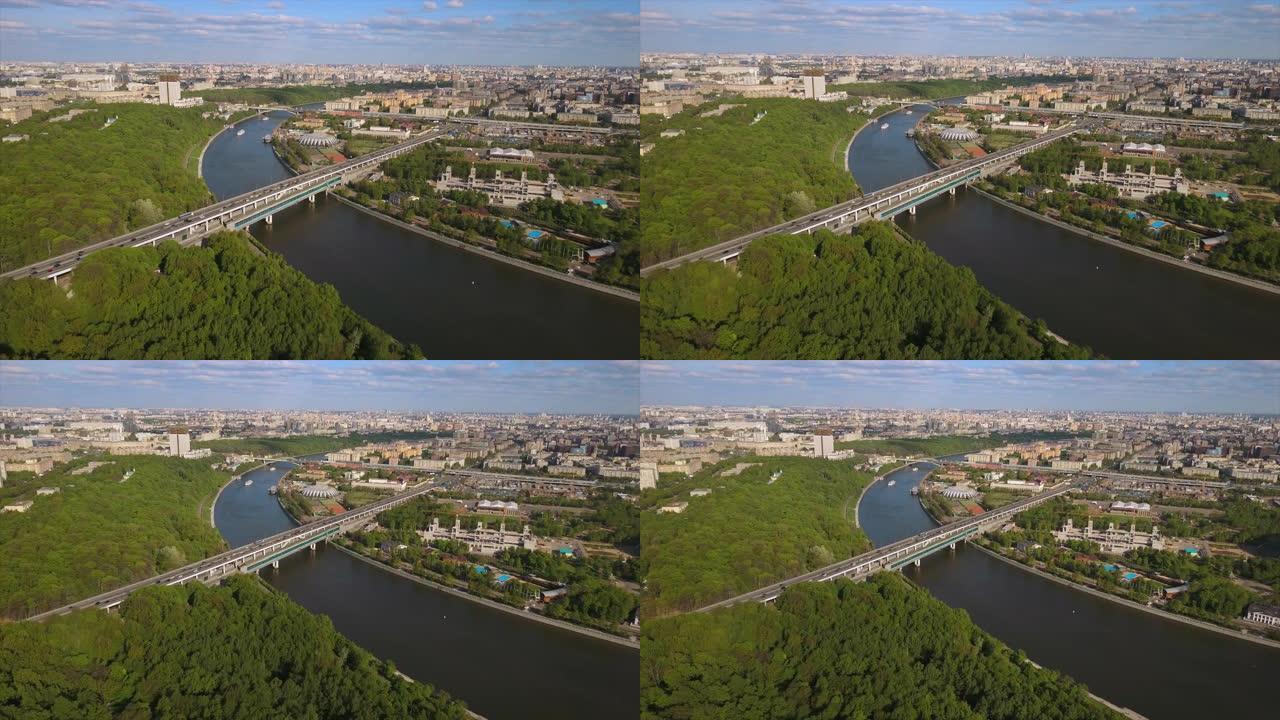 俄罗斯莫斯科夏日麻雀山河桥地铁站空中全景4k