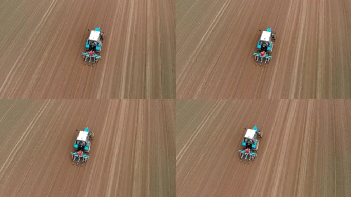 一辆蓝色拖拉机在春季在巨大的棕色田野的背景下工作，用精确的，跟踪的播种机排成一排并播种谷物