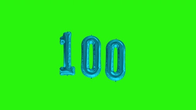 数字100 100年庆祝蓝色箔气球漂浮绿色屏幕