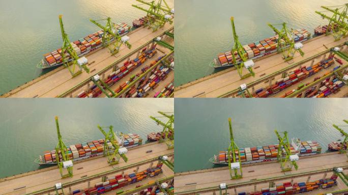 日落时间新加坡市著名海湾集装箱船着陆港空中俯拍延时全景4k
