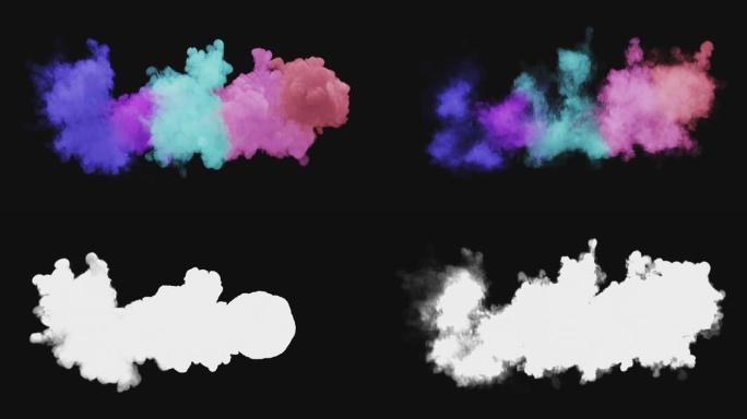 几次五颜六色的烟雾和粉末爆炸。彩色烟雾混合在带有alpha通道的黑色孤立背景上。