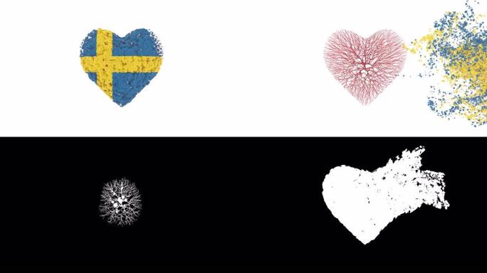 瑞典的国庆节。6月6日。心动画与阿尔法磨砂。花朵形成心形。