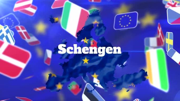 欧盟地图上的申根文本与欧洲国家的旗帜相对照