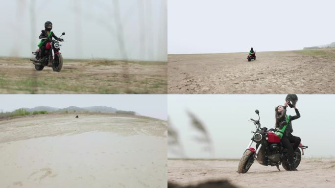 女摩托车骑手在空旷的沙漠中骑行飙车