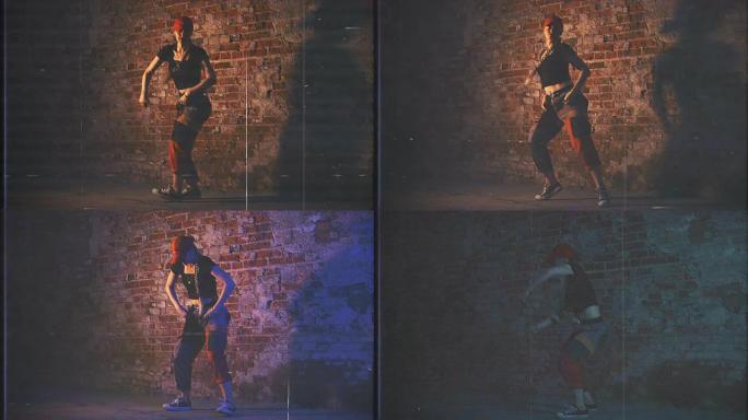 复古复古80年代年轻快乐的女孩在砖墙前跳舞，复古派对127bpm股票视频