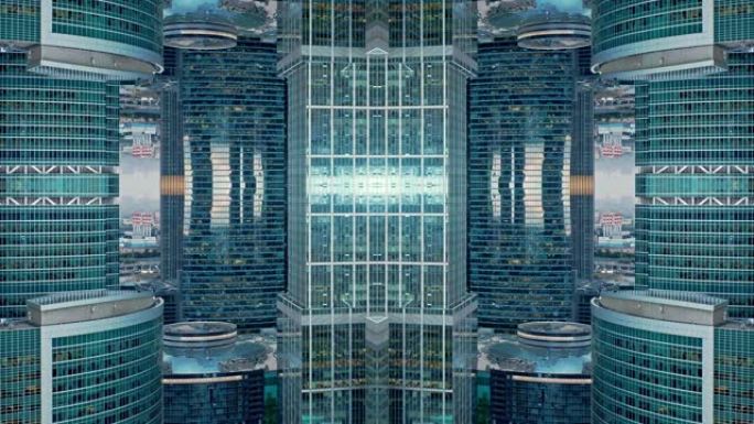 莫斯科国际商务中心的未来派空中无人机拍摄。镜像效应。市中心
