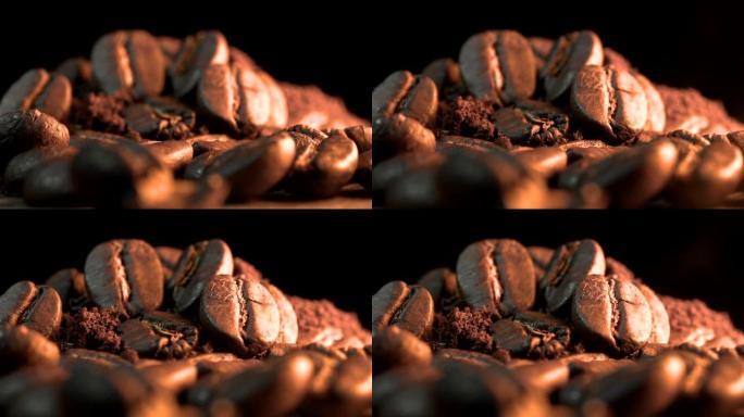 咖啡豆堆在黑暗背景下的咖啡豆与烟雾