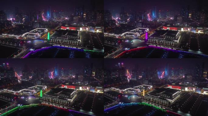 夜间照明青岛市著名海湾广场航空全景4k中国