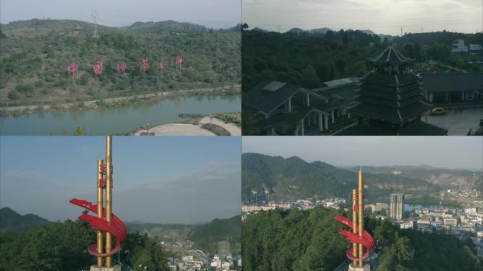 贵州玉屏茶花泉景区、玉屏洞箫雕塑、风雨桥