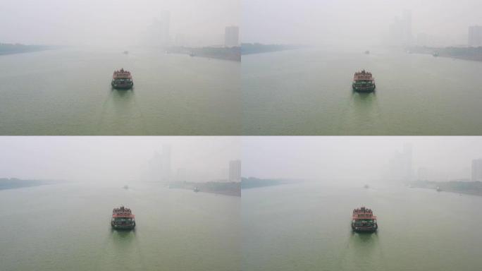 长沙市雨天江河渡船交通航空全景4k中国