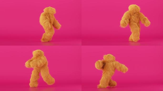 3d卡通人物多毛野兽在粉色背景上跳舞嘻哈，穿着黄色毛茸茸怪物服装的人，有趣的吉祥物循环动画，现代最小