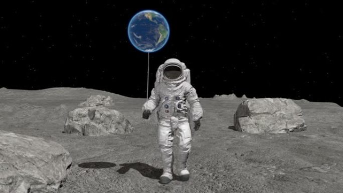 带有地球形状的球的Atsronaut正在月球上行走。NASA提供的这段视频的元素。3d渲染。