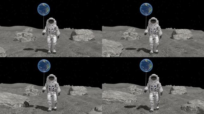 带有地球形状的球的Atsronaut正在月球上行走。NASA提供的这段视频的元素。3d渲染。