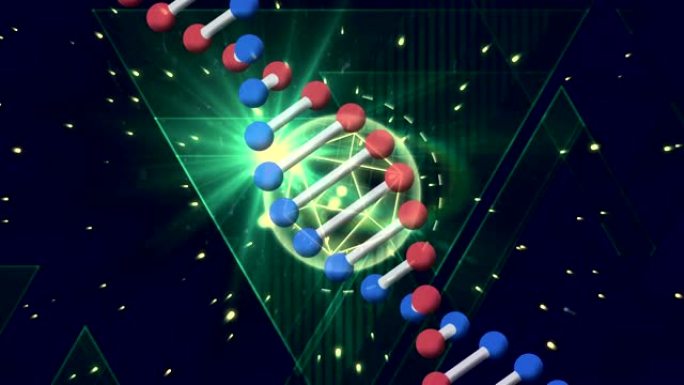 黑色背景上绿色三角形和DNA菌株的数字组成