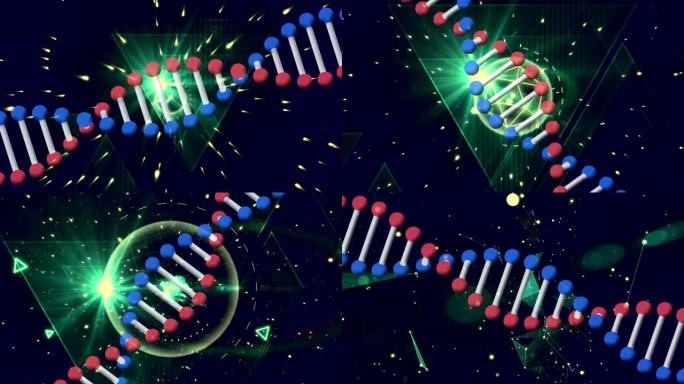 黑色背景上绿色三角形和DNA菌株的数字组成
