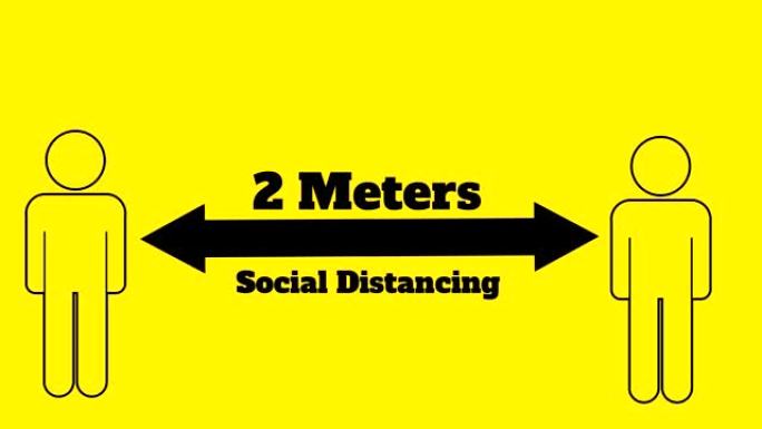 数字人类图标在黄色背景下保持2米的社交距离