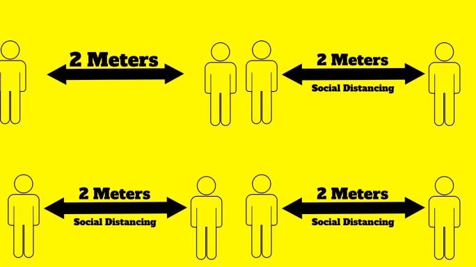 数字人类图标在黄色背景下保持2米的社交距离