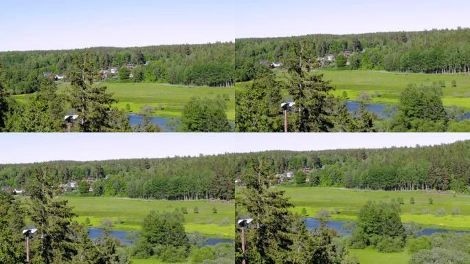 华丽的自然景观。绿色林木之间的传统私人木屋。沿柏油路的小河。瑞典。欧洲。