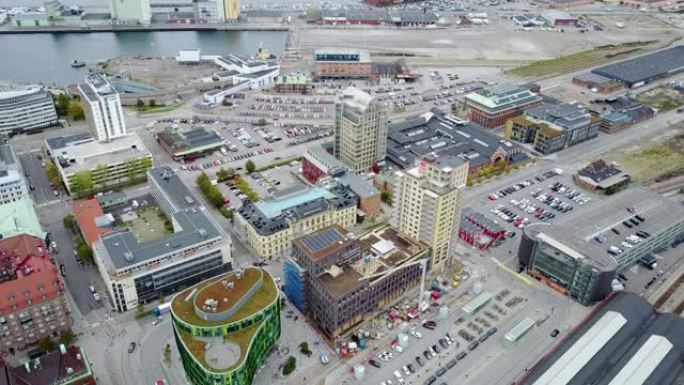 瑞典斯坎首都马尔默市中心。市区的无人机镜头