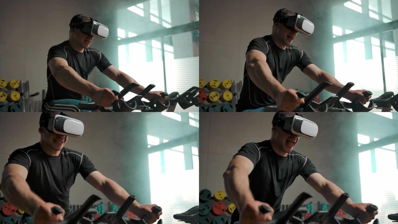 一名男子戴着VR头盔在自行车模拟器上进行繁重的运动