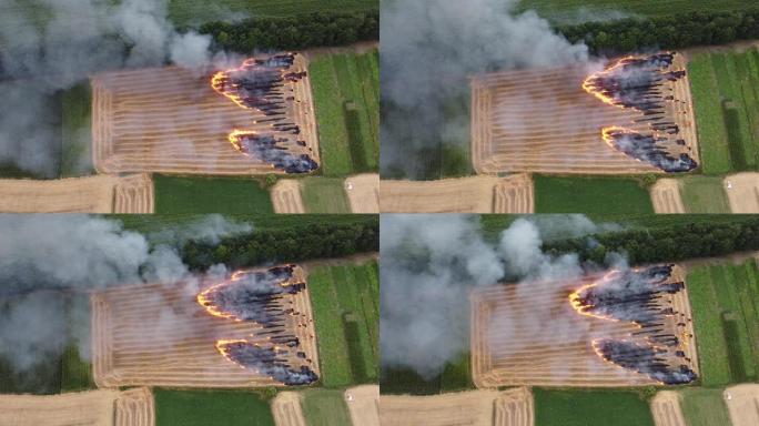 收割谷物后燃烧田间植物残留物造成的环境污染。田野里着火，燃烧着稻草。