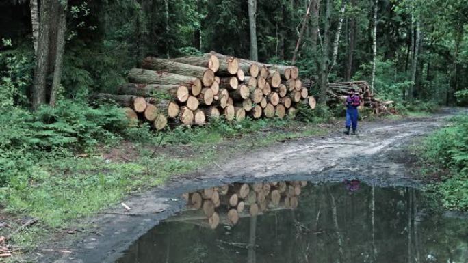 森林人在一堆收获的木材附近的工作服中